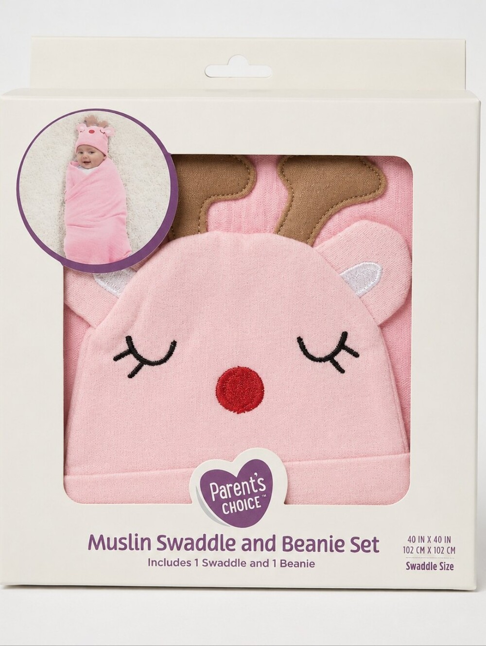 NEW Parent’s Choice Pink Reindeer Muslin Swaddle & Beanie Set Woodland Baby Soft